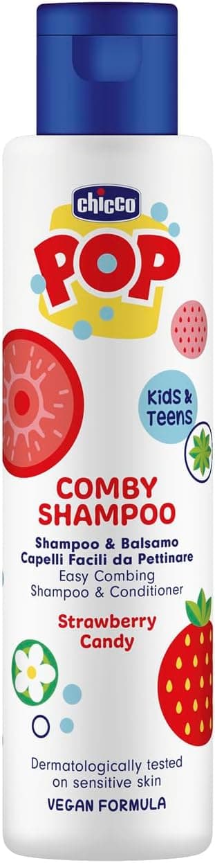 Chicco POP Shampoo e condicionador Strawberry Candy, champô e condicionador, aroma morango, champô macio para bebés, sem lágrimas, fórmula vegana, 250 ml
