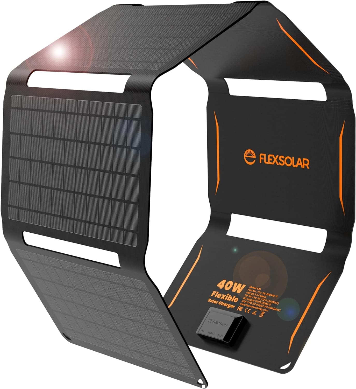 FlexSolar Carregadores solares portáteis de 40 W, USB potência de emergência ETFE painéis dobráveis IP67 impermeável campismo caminhadas para telemóveis, ventiladores, lanternas