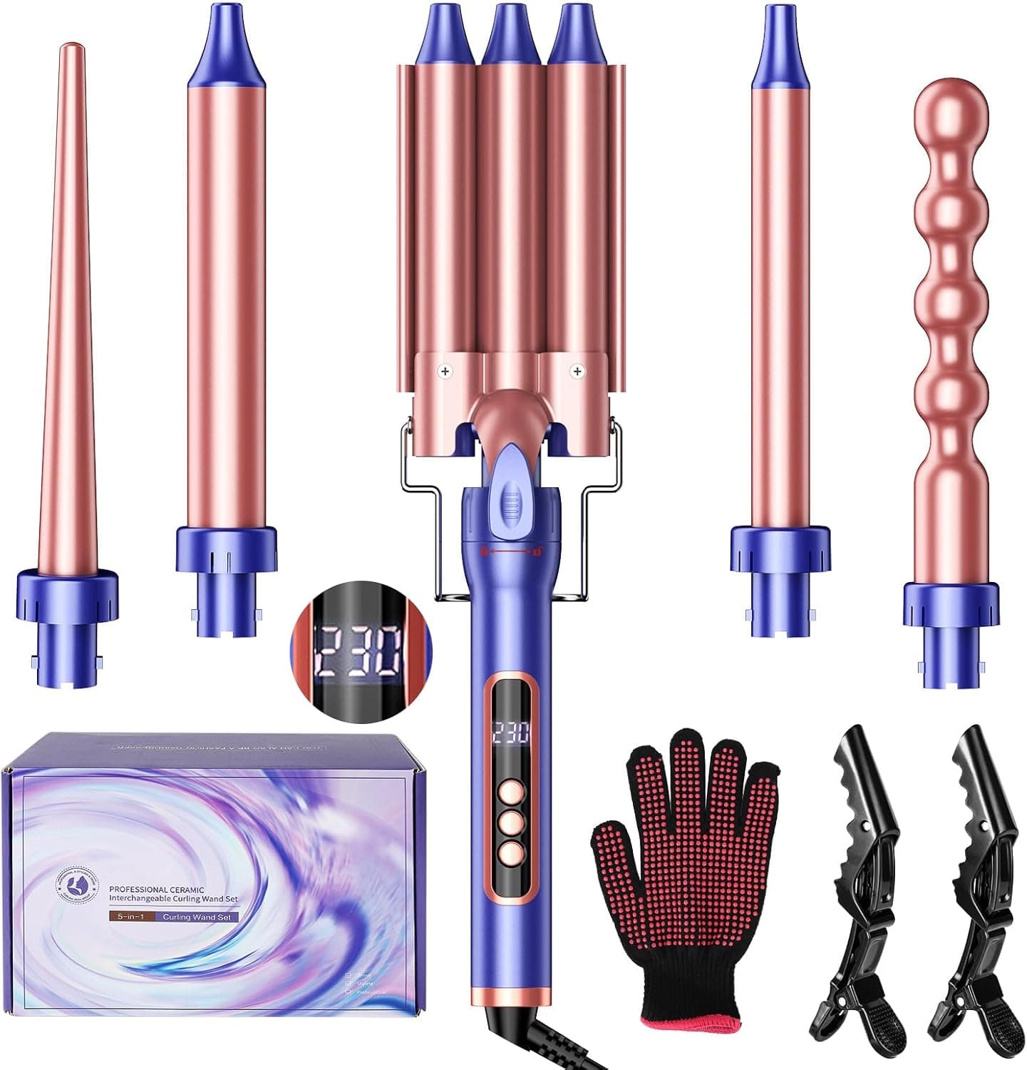 Modelador de cabelo 5 em 1, com ondulador e cone modelador de cabelo, alisador de cabelo de cerâmica com ecrã LCD e 31 configurações de temperatura 80°C - 230°C, cabo 360°