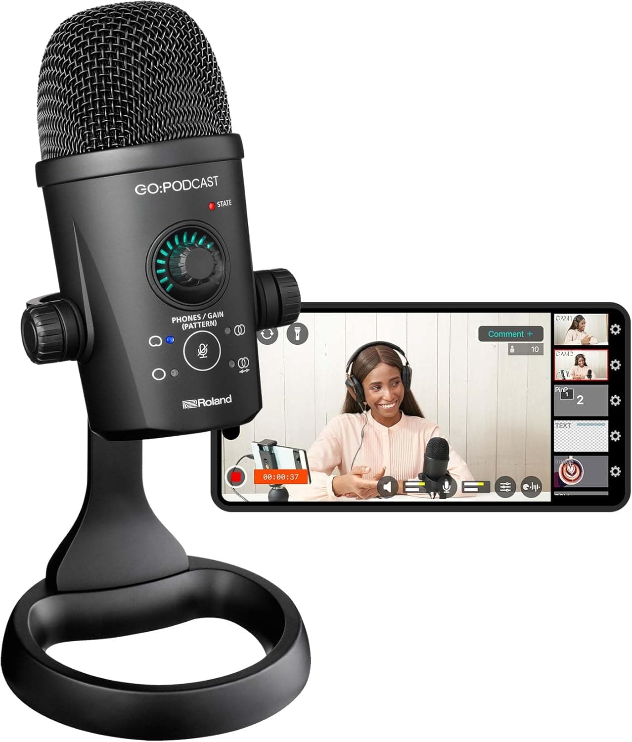 Roland Estúdio de podcasting de vídeo para smartphones GO: Podcast | Sistema de livestreaming simples para podcasters, videobloggers e muito mais | Intuitiva App de vídeo | microfone USB