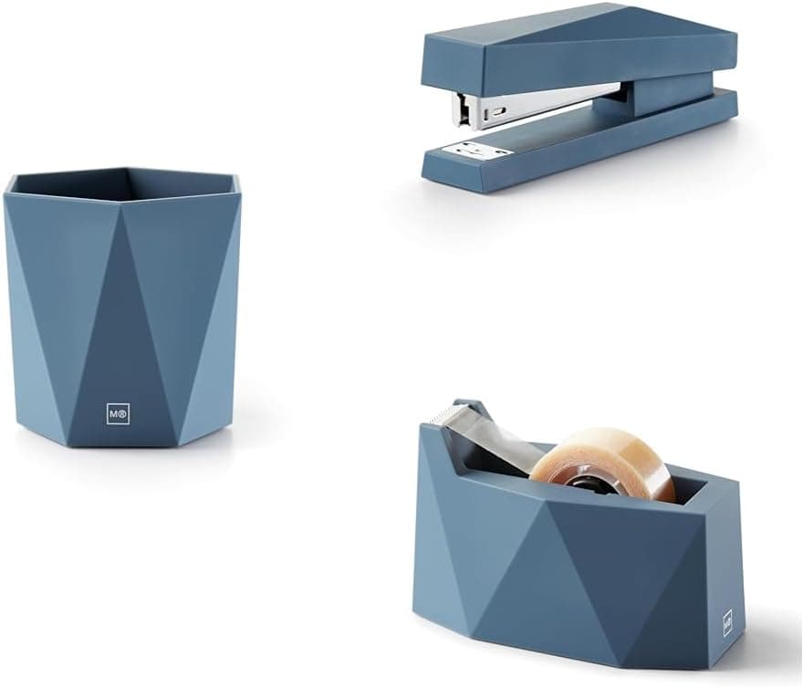 Miquelrius - Lote de bilete, porta-lápis de mesa agrafador, compatível com grampos 24/6 dispensador de fita adesiva, suporte de rolo fita adesiva e Washi Tape, cor azul