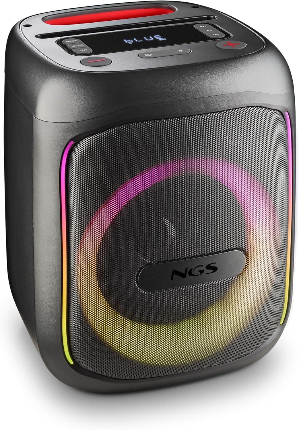 NGS Wild Swag Go Altifalante portátil, compatível com a tecnologia Bluetooth 5.0, True Wireless Stereo, luzes e ecrã LED, entrada USB, áudio TF e auxiliar, 24 x 23 x 30 cm, 80 W, cor preta