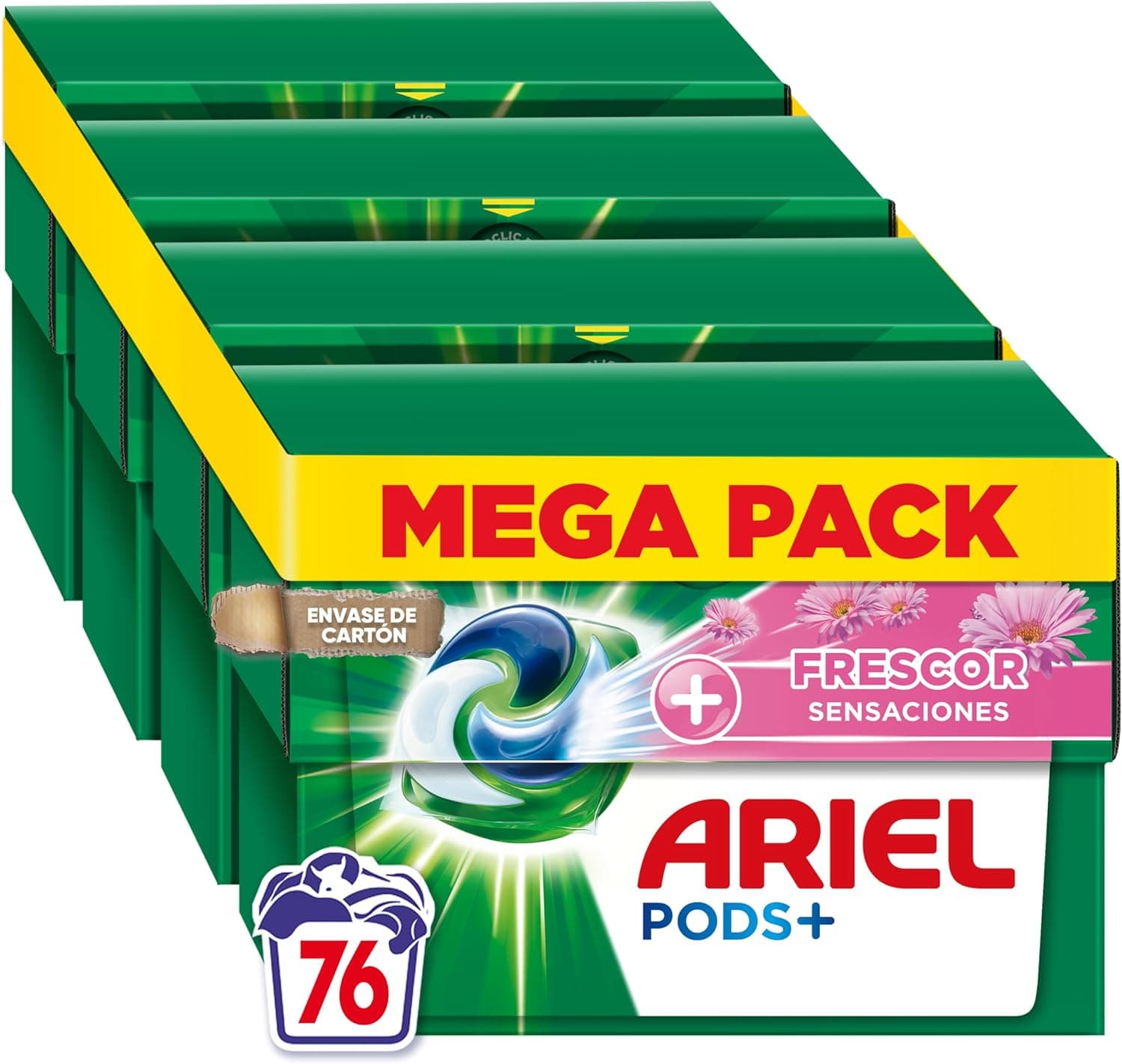 ARIEL PODS Tudo em 1 detergente máquina de lavar líquido em cápsulas/comprimidos, 76 lavagens (4 x 19), sabão de limpeza profunda, mais sensações frescas
