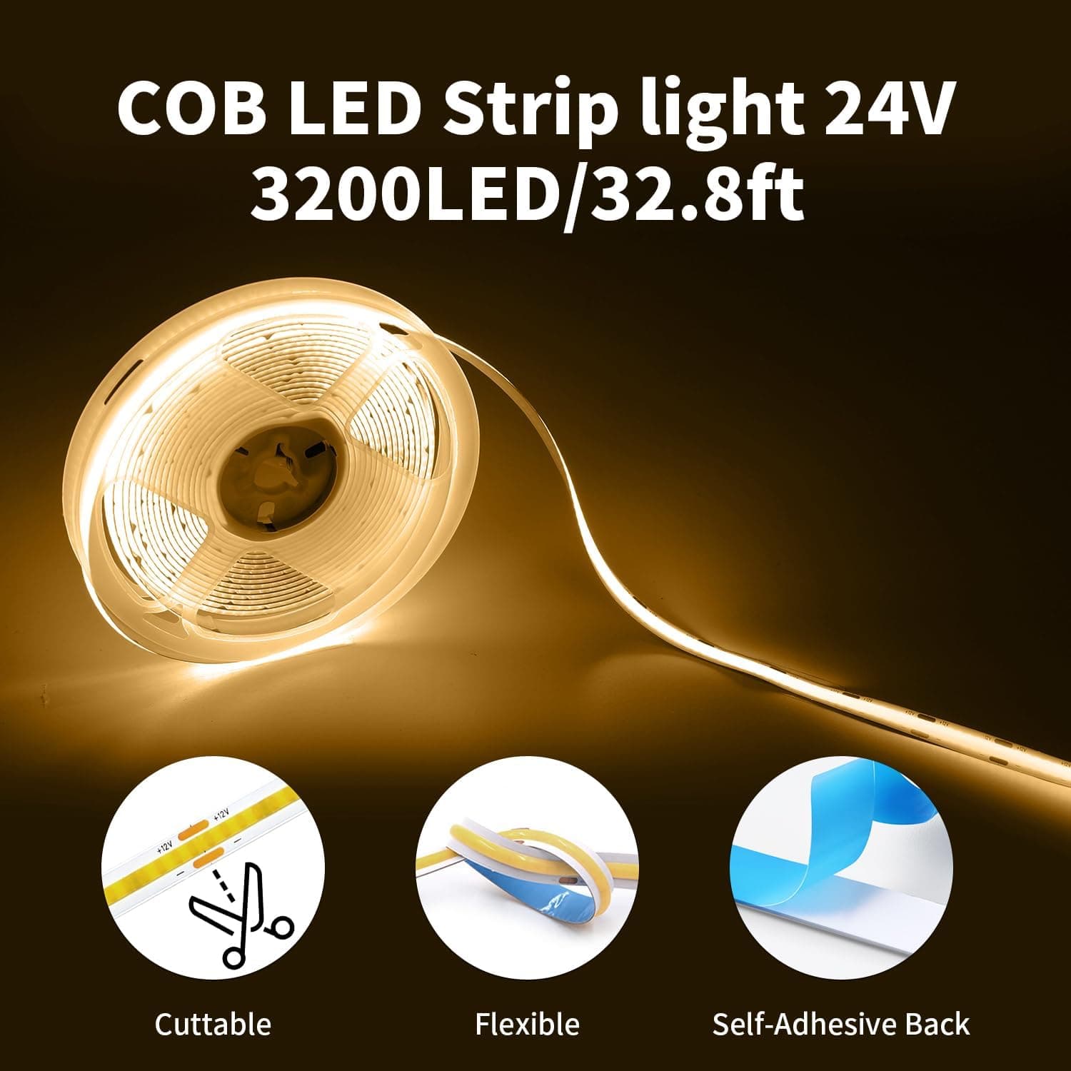 ShineBurky COB LED Strip 24V | Fita LED flexível 10 m luz quente 3000K para decoração interior