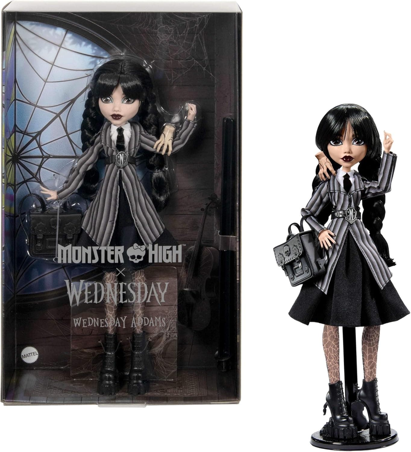 Monster High Quarta-feira boneca e acessórios, boneca colecionável de quarta-feira addams com o uniforme da academia Nevermore, costa e uma mochila, com base para o pulso, HXJ04