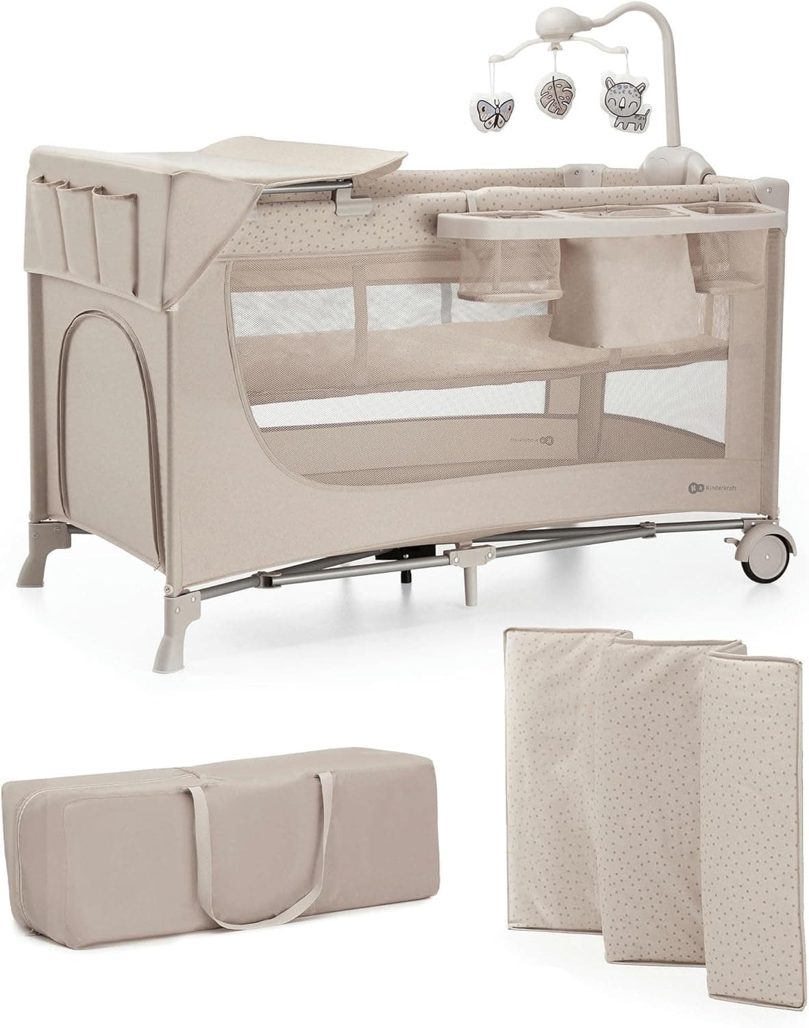 Kinderkraft JOY 2 ACC Berço de viagem 2 em 1 para bebé de até 25 kg, dobrável rápida e fácil, inclui carrossel de berço com brinquedos, prateleiras para fraldas e trocadador, bolsa de transporte, bege
