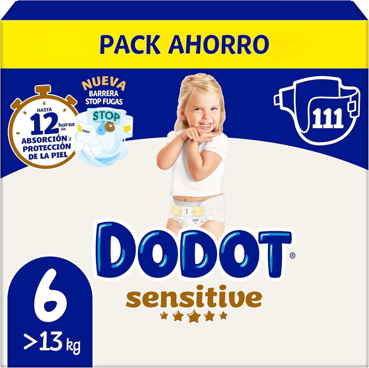 Dodot Fraldas de bebé sensível tamanho 6 (13 kg), 111 fraldas, número 1 em proteção da pele de Dodot, pack mensal