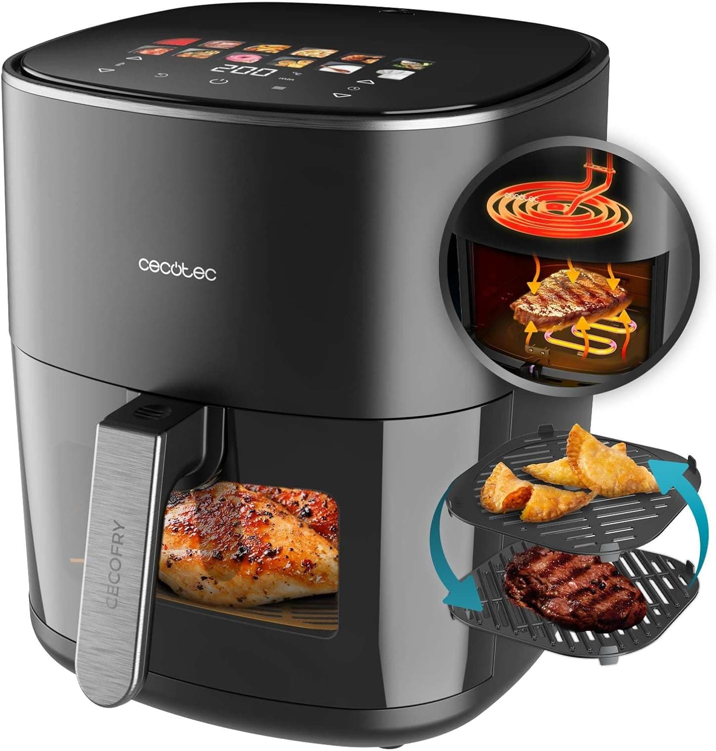 Cecotec Frigideira de ar sem óleo 6,5 l, grelha dupla resistência Air Fryer Cecofry&Grill Duoheat 6500. 2200 W, Dietética e digital, janela, temperatura regulável 40 - 200 °C, 12 menus