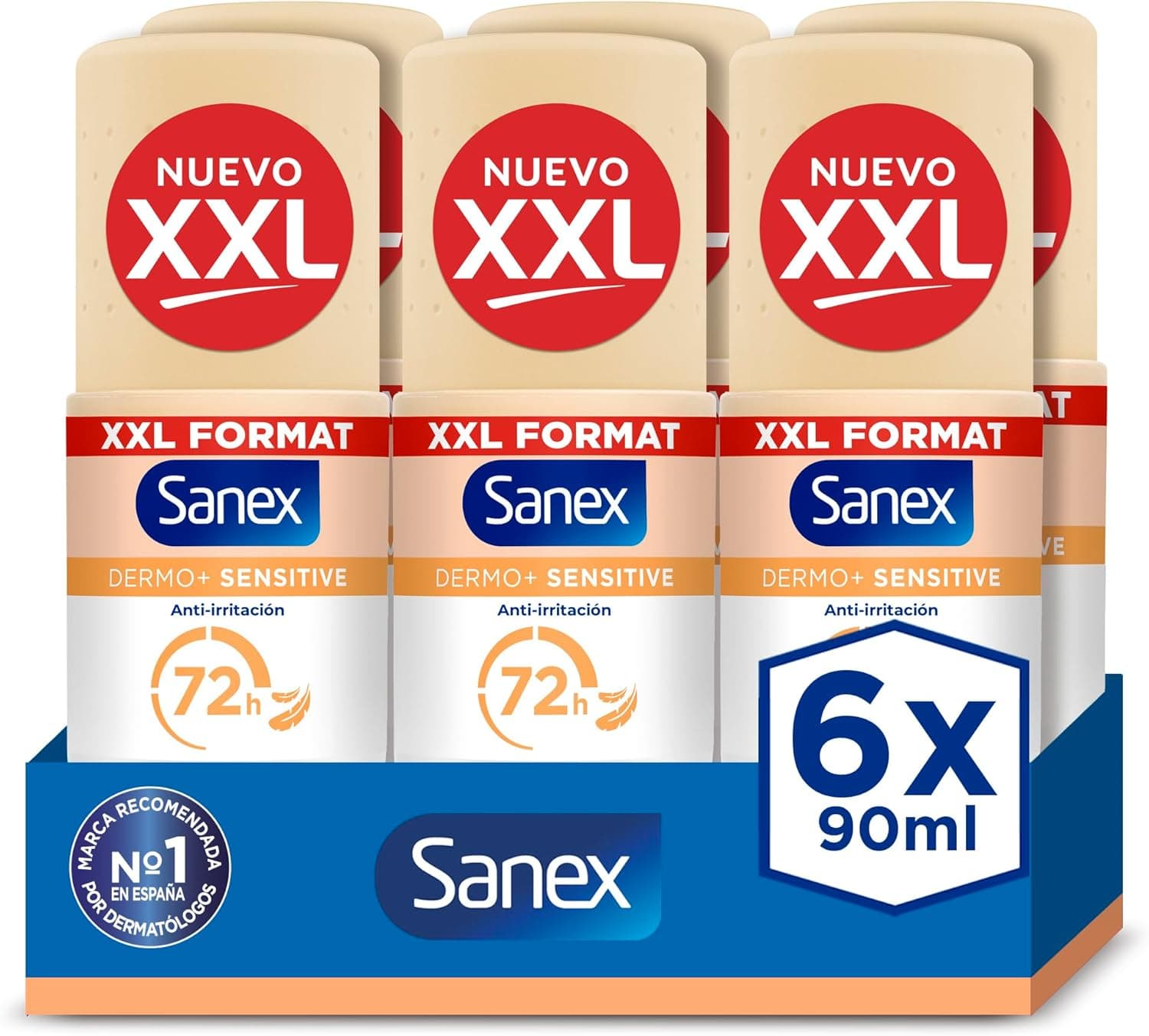 Sanex Dermo+ Sensitive | Desodorizante antitranspirante roll-on para pele sensível pack de 6 x 90 ml