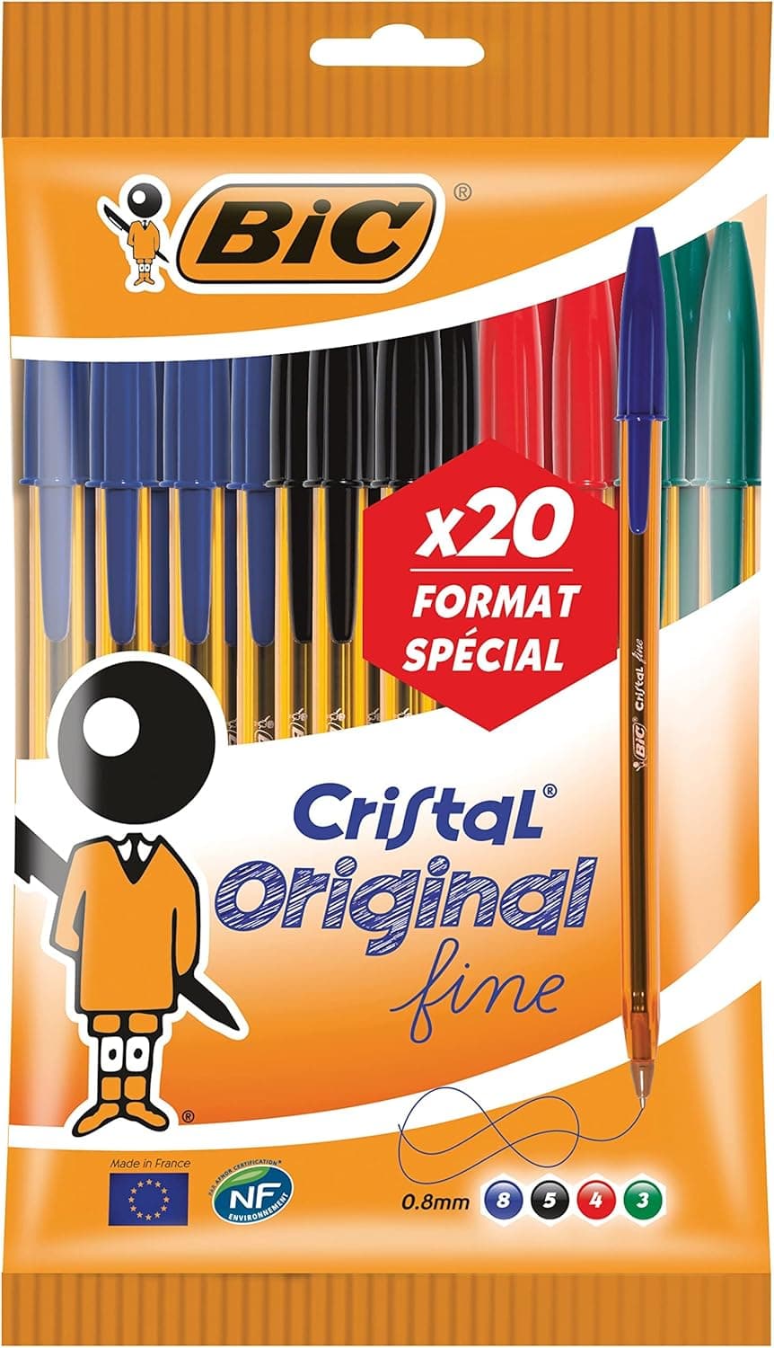 Bic Cristal fino 912 273 - Não retrátil caneta preta / azul / vermelho / verde, 20 unidades