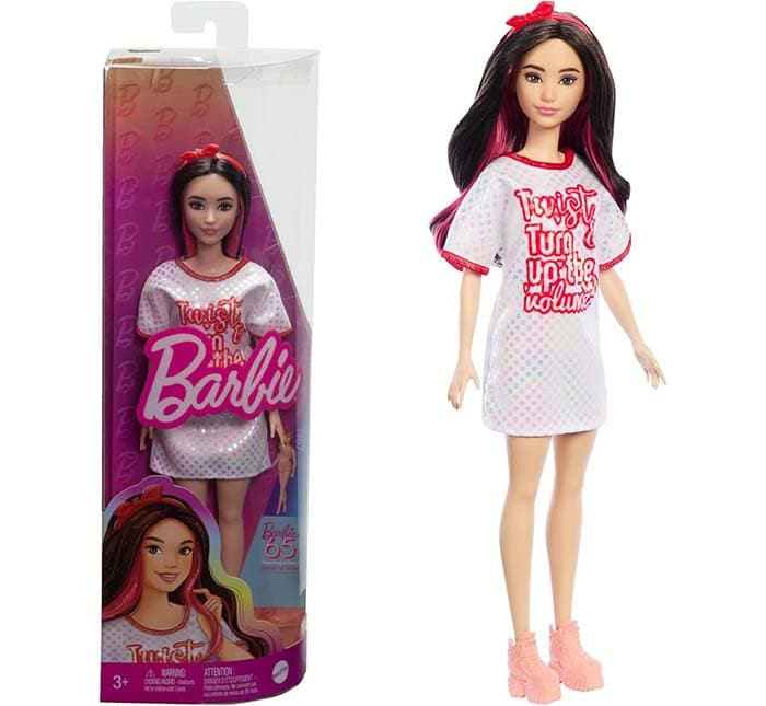 Barbie Fashionistas boneca n. 214, boneca de moda colecionável de 65 aniversário com cabelo preto ondulado, vestido e acessórios - para meninos e meninas 3 anos, HRH12