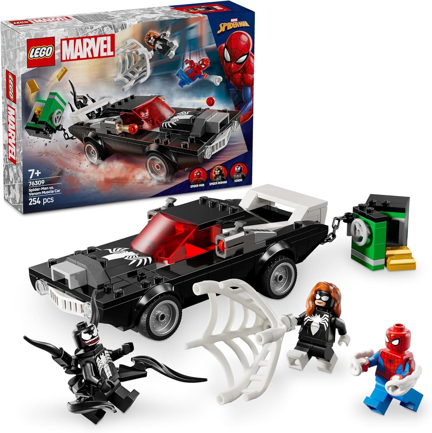 LEGO Marvel Spider-Man vs. Carro brutal de Venom, brinquedo de construção de super-heróis e 3 minifiguras Inc. Spider-Woman, presente para meninos e meninas de 7 anos ou mais 76309