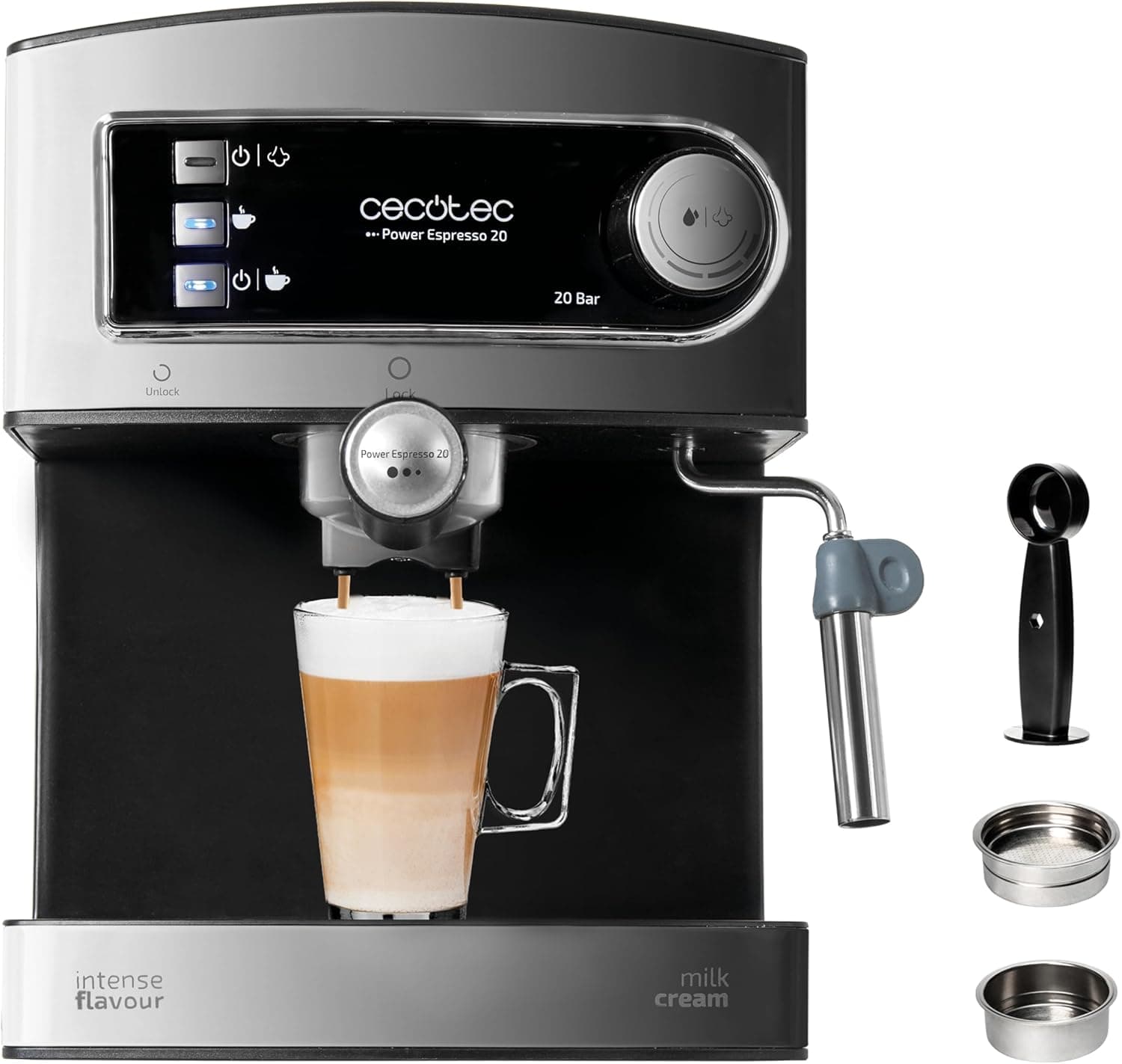 Cecotec Cafeteira Express manual Power Espresso 20 Essential. 850W, 20 bares, vaporizador orientável, braço de saída dupla, depósito de água 1,5 l, superfície de aquecimento, limpeza fácil