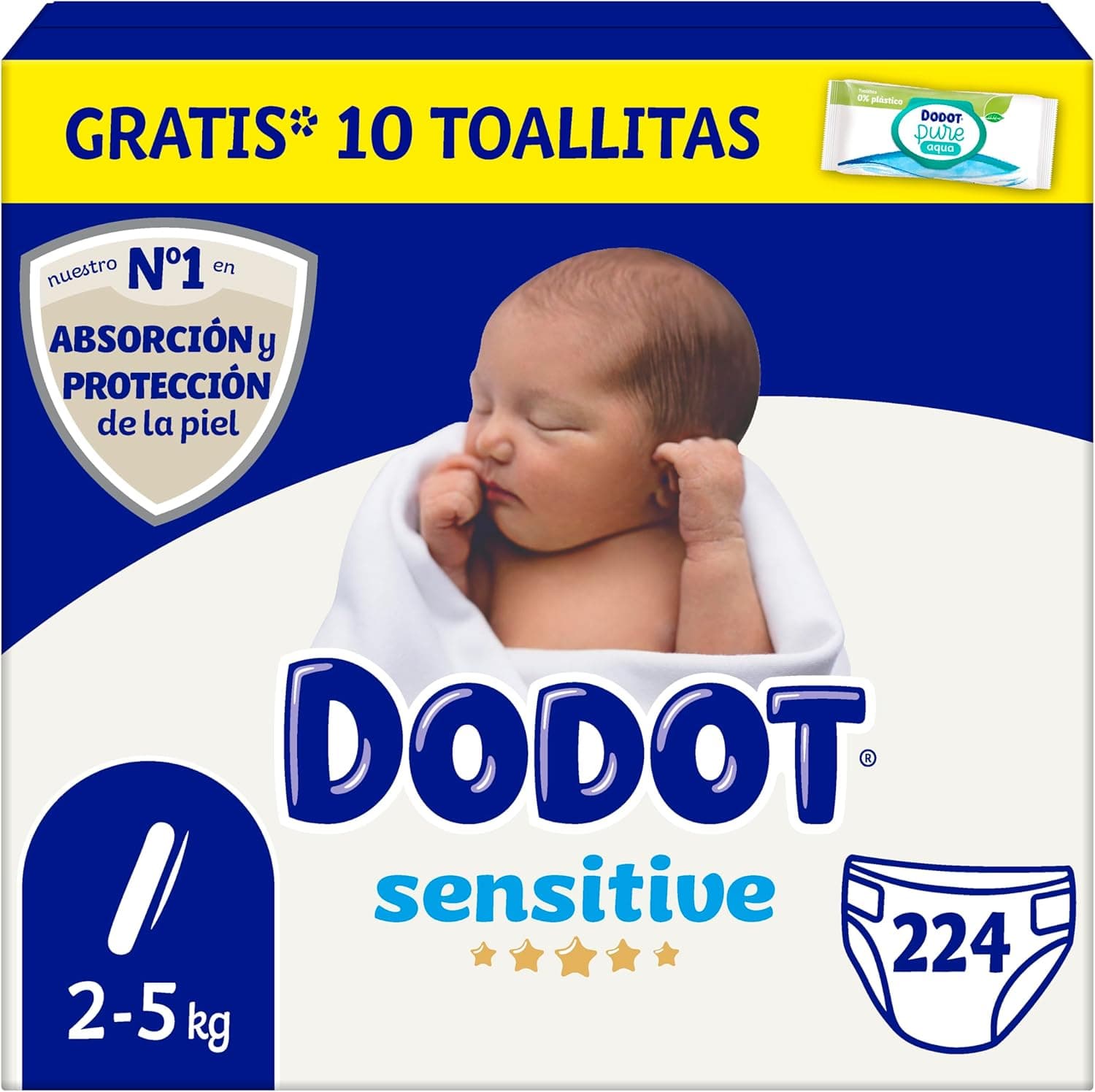 Dodot Fraldas de bebé sensível, tamanho 1 (2-5 kg), 224 fraldas + 1 embalagem de 10 toalhas grátis de Aqua Plastic Free, número 1 em proteção da pele de Dodot, pack mensal