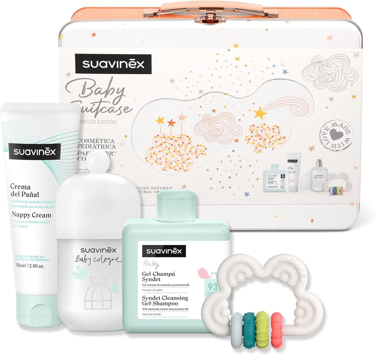 Suavinex, Presente bebé recém-nascido, cesto bebé com mala metálica. Inclui: Baby Cologne 100 ml gel espumoso 300 ml creme de fralda 75 ml mordedor de silicone flexível, Dreams coral