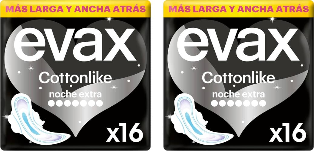 Evax Cottonlike Extra Night | Pensos higiénicos com abas para noite, 16 unidades x 2