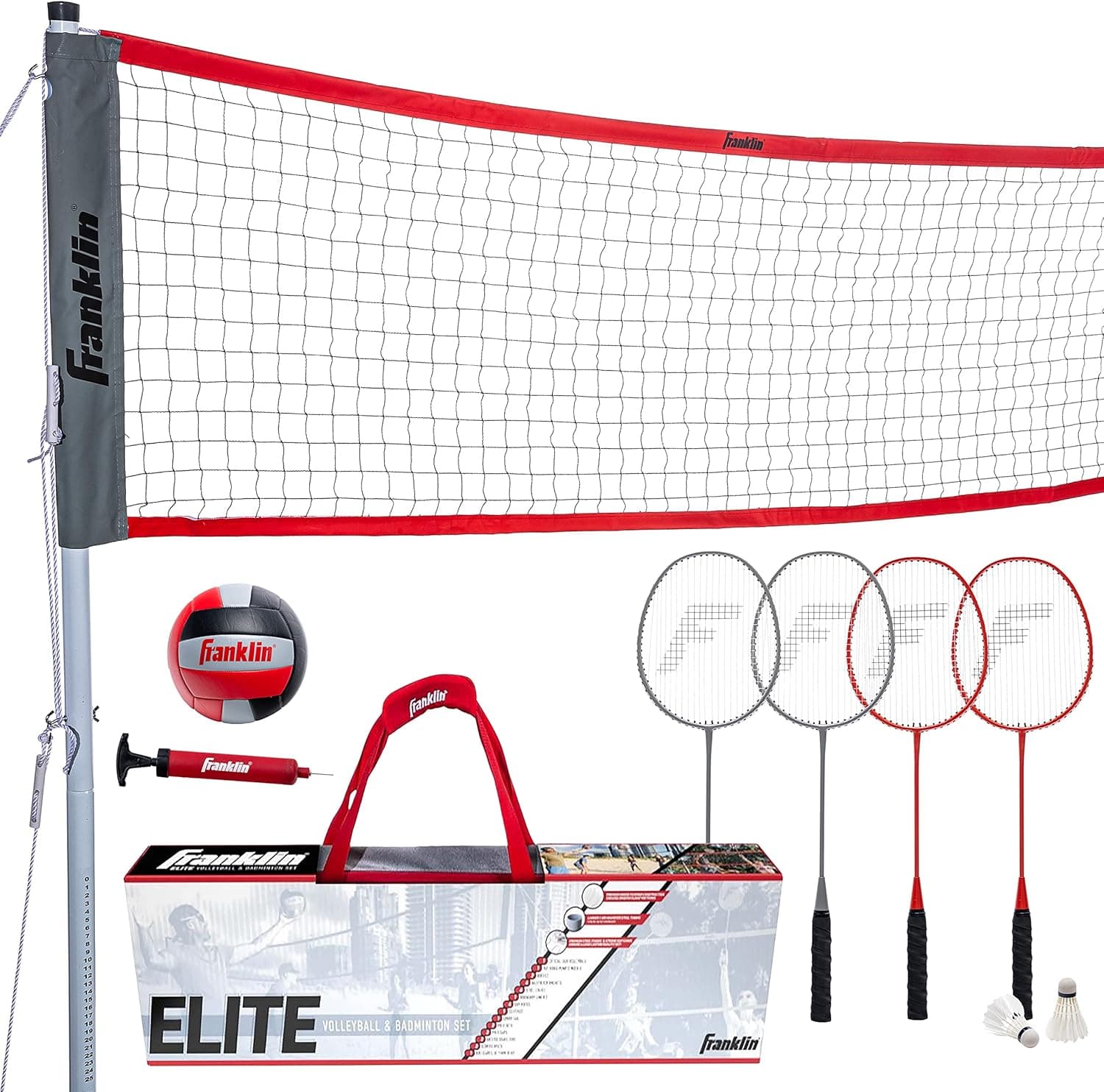 Franklin Sports Jogo combinado de voleibol badminton - Conjunto de rede de voleibol para exteriores praia rede de badminton - badminton portátil rede de voleibol com postes - voleibol, raquetes +