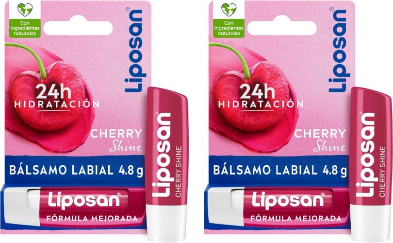 Liposan Cherry Shine | Bálsamo labial hidratante com aroma a cereja e cor suave, 4,8 g x 2