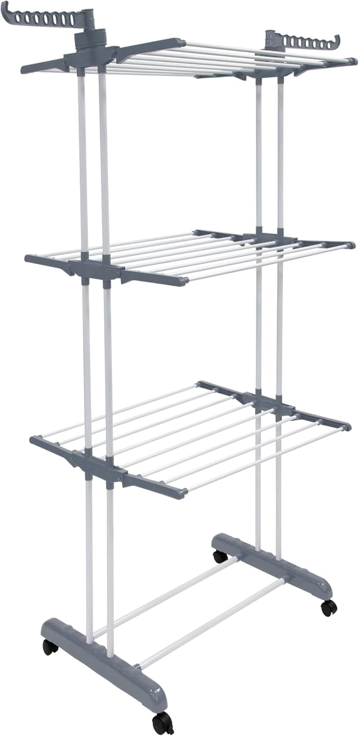 Anika 60099 Secador de Roupa Dobrável de 3 Andares, 18 m, com Rodas, Ganchos para Pendurar e Sapateiras, para Uso Interior e Exterior, Capacidade de 36 kg, Aço Inoxidável, Cinza, 75-126 x 64 x
