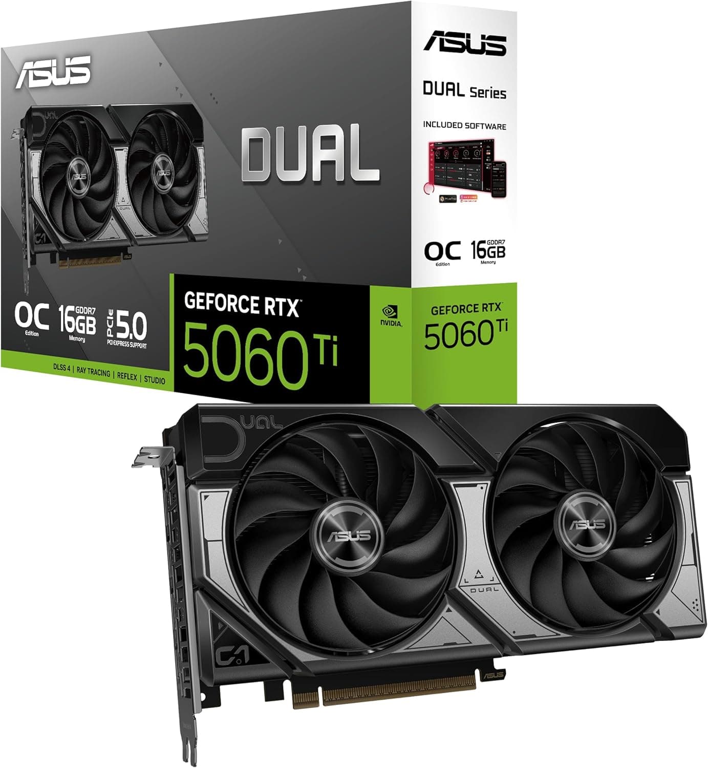ASUS GDDR7 OC Edition Dual GeForce RTX 5060 Ti 16 GB GDDR7, DLSS 4, HDMI 2.1b, DisplayPort 2.1b, design de 2,5 ranhuras, design de ventilador Axial-Tech, tecnologia 0dB)