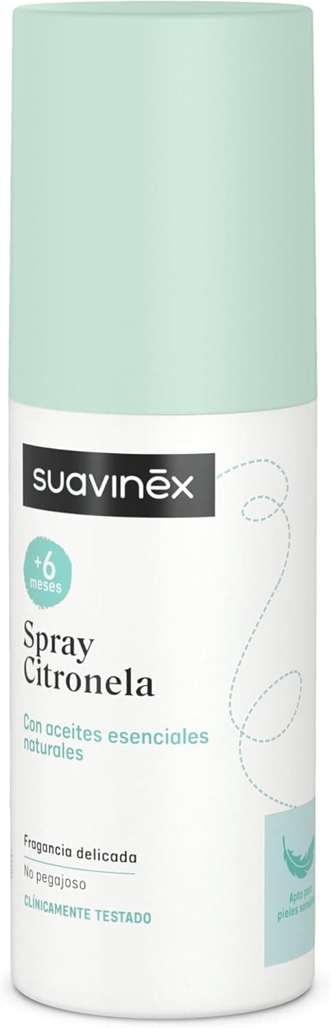 Suavinex, Spray de citronela, repelente de mosquitos com óleos essenciais de citronela, gerânio e limão, adequado para bebés + 6 meses e gravidezes, compatível com a lactação, adequado pele sensível