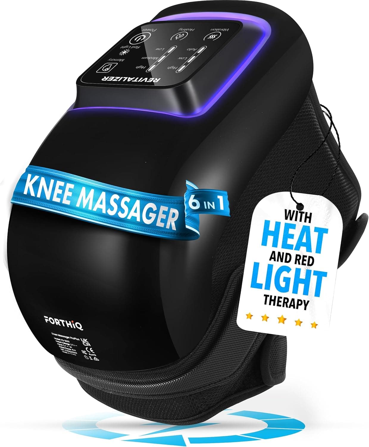 FORTHiQ Pro Massajador de joelho com calor e luz vermelha, 6 em 1: Calor, luz vermelha de comprimento duplo de onda e vibração – sem fio, portátil, recarregável, função de memória e correias