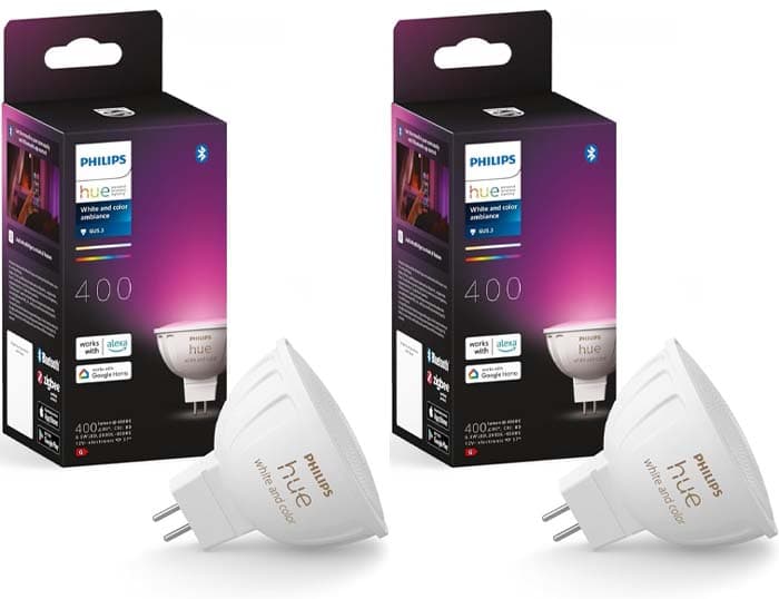 Philips Hue - 2 Lâmpadas LED inteligente MR16, luz branca e colorida, regulável, 6,3 W, compatível com Amazon Alexa (Echo, Echo Dot)