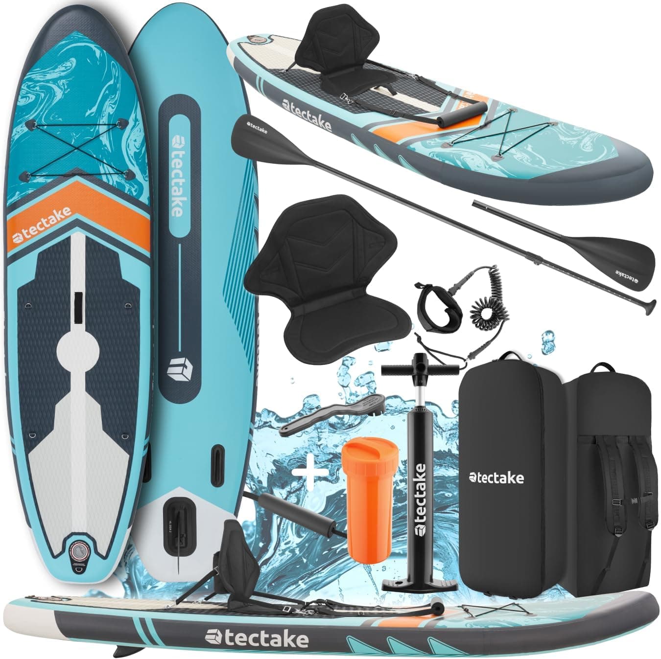 tectake® Tabela de paddle surf insuflável, inclui Remo 2 em 1, assento de caiaque, bomba de ar, mochila de transporte, Stand Up Paddle, acessórios Paddle Surf, Padel Surf insuflável