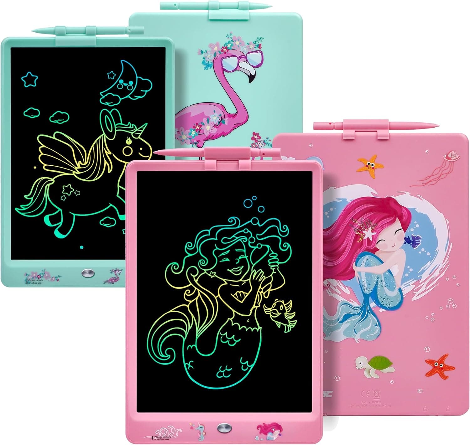 DYNASONIC DYNA-PM Quadro de escrita LCD de 10 polegadas para crianças. Ardósia magnética para desenhar. Brinquedo educativo. Presente para criança. Ardósia infantil (sereia flamingo)