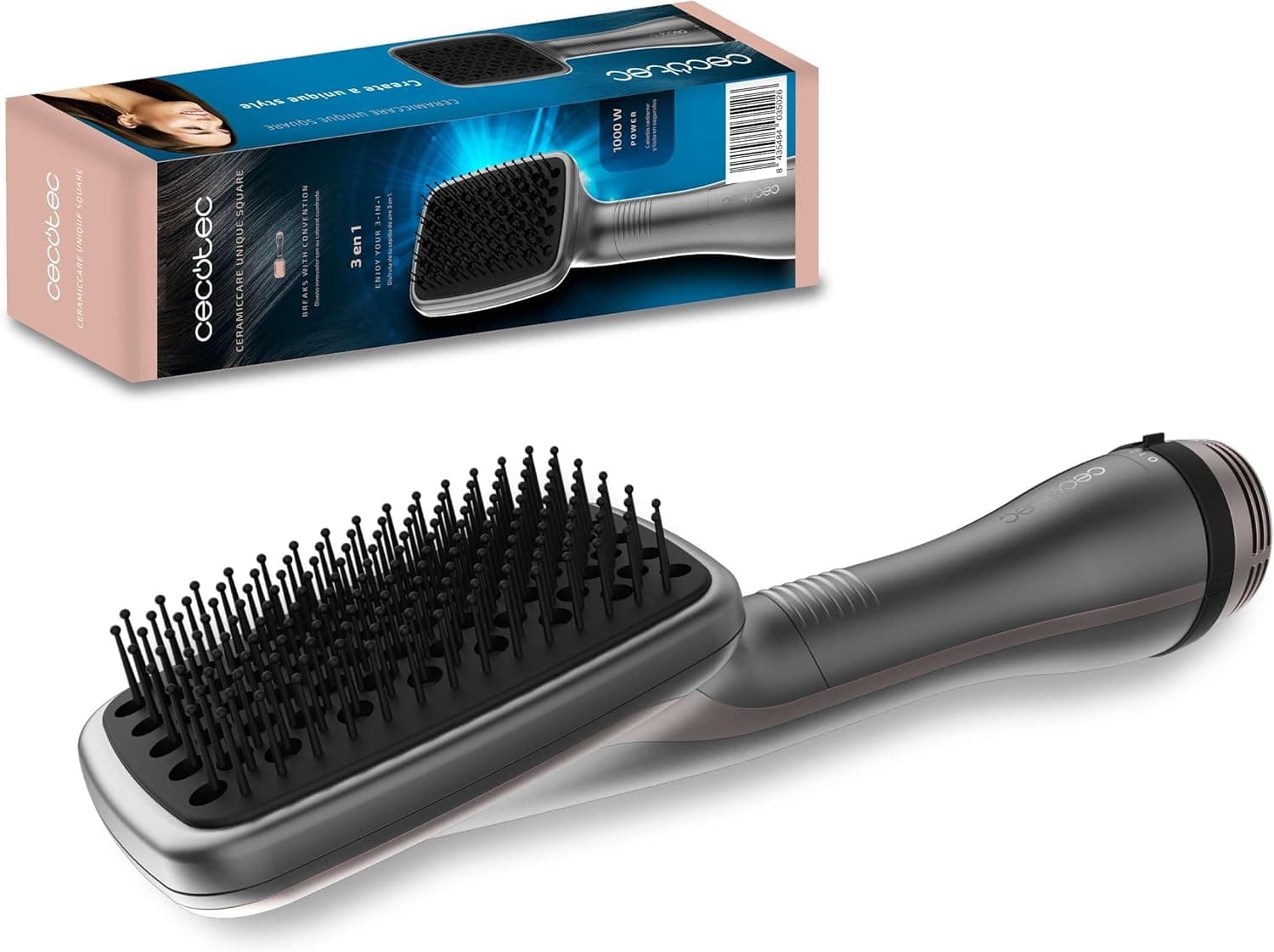 Cecotec Escova de ar modeladora - forma quadrada CeramicCare Unique Square. 1000 W, seca, desembaraçado e suave, tecnologia de íons, elimina o frizz, perfeito para unhas compridas