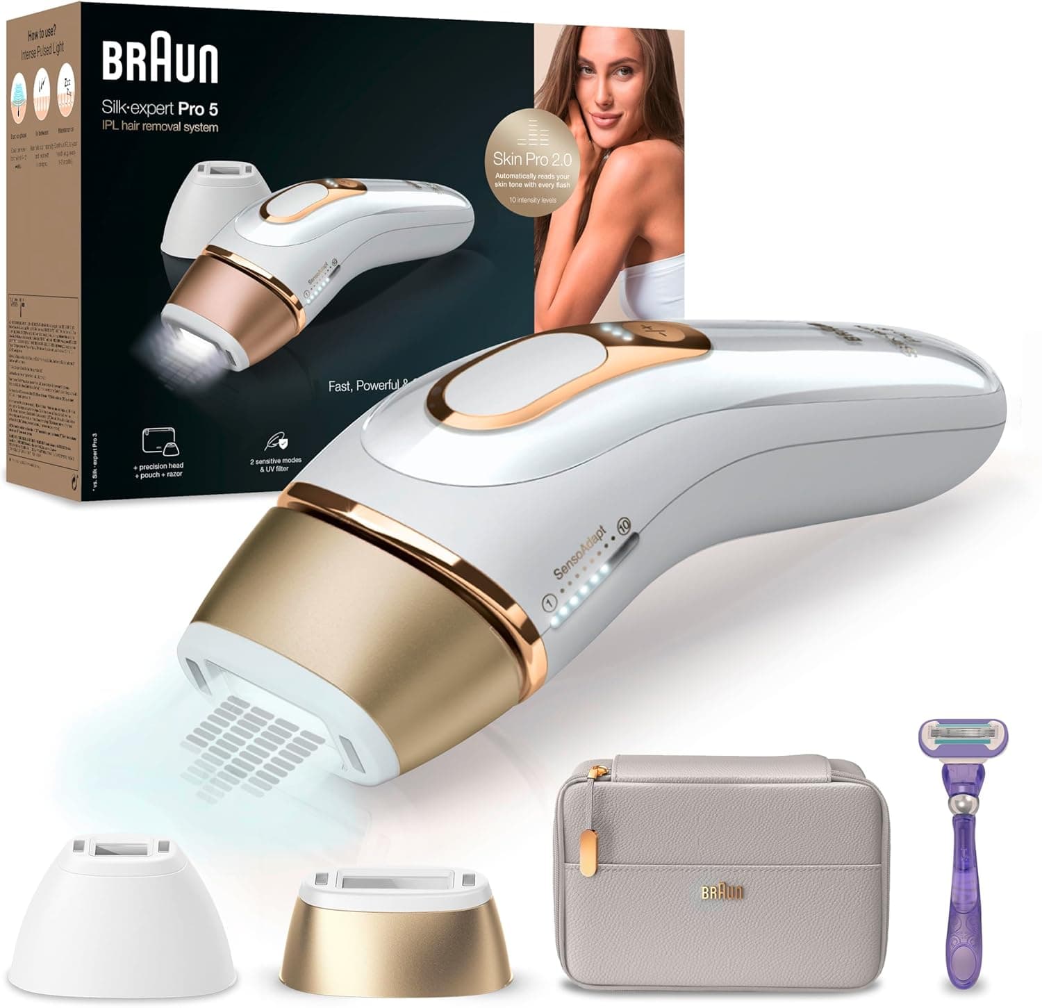 Braun Silk-expert Pro 5 Depiladora mulher / homem luz de pressão IPL máquina de barbear Vênus, alternativa à remoção a laser em casa, PL 5157, branco/dourado
