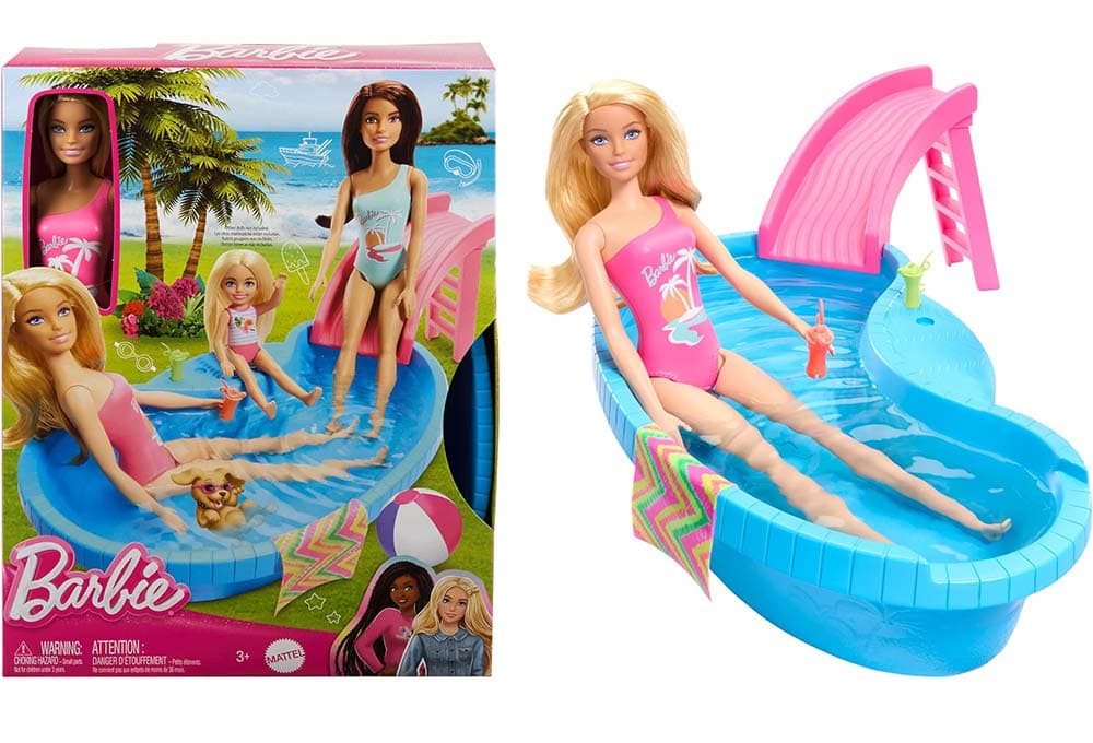 Barbie Boneca loira com fato de banho rosa, piscina, escorrega e acessórios para água, brinquedo + 3 anos (Mattel HRJ74)