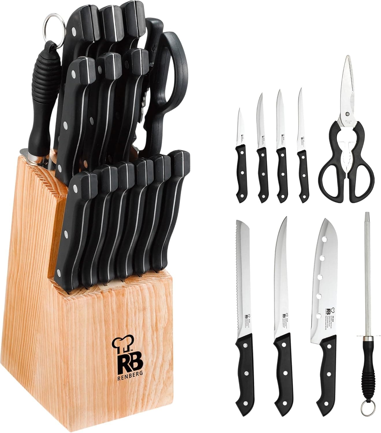 Renberg Tenessy | Conjunto de 15 facas de cozinha em aço inoxidável com bloco de madeira