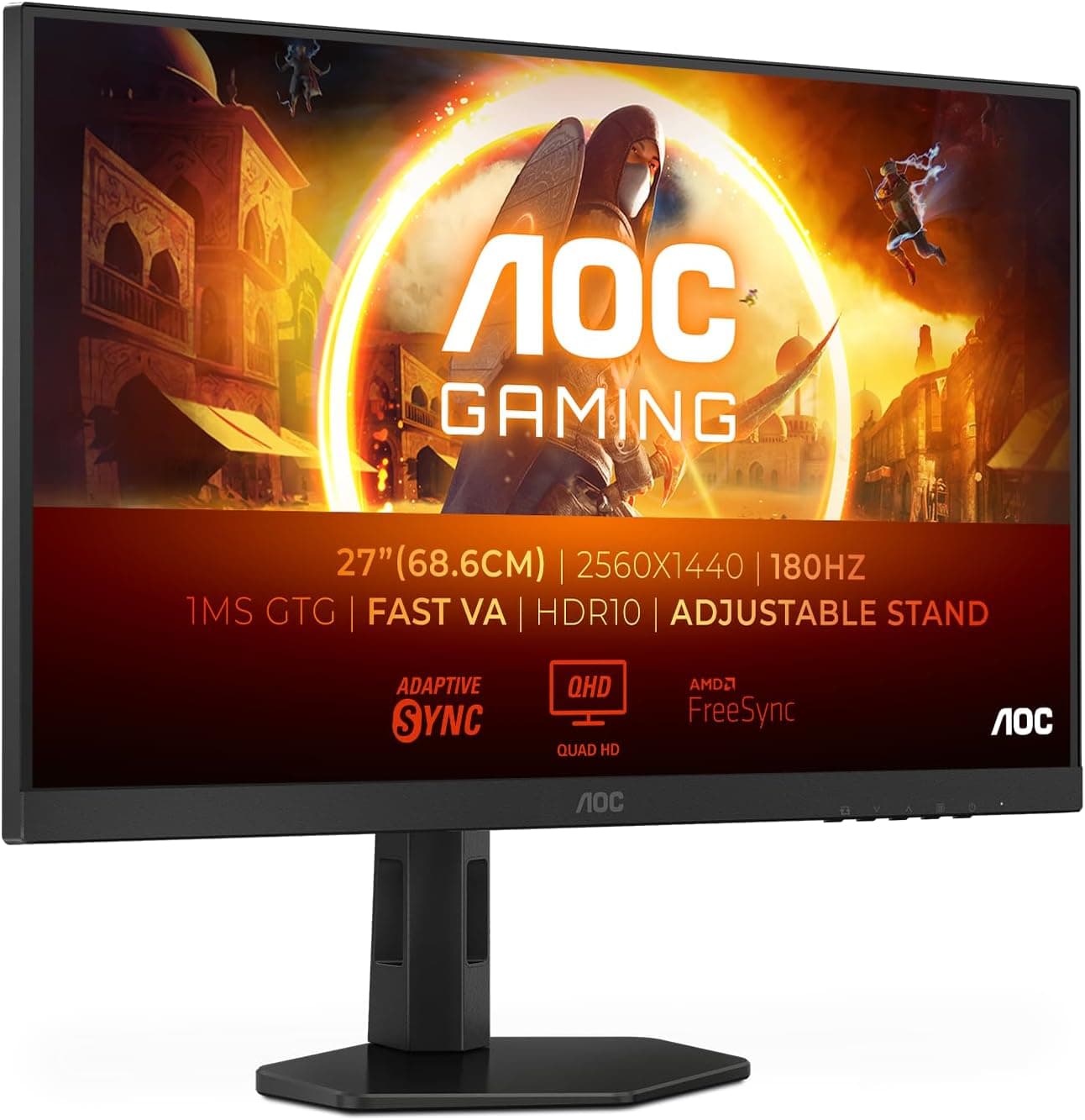 AOC Gaming Q27G4XD Monitor QHD de 27 polegadas, 180 Hz, 1 ms GTG, Fast IPS, FreeSync Prem, G-Sync Comp, HDR400, altura ajustável (2560 x 1420, HDMI 2.0, DisplyPort 1.4, H ub USB)