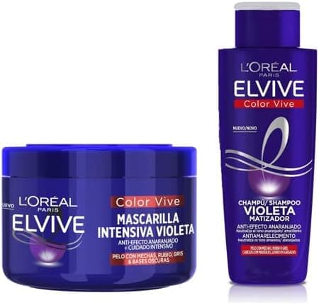 Pack L'oreal Elvive champô 200 ml roxo L'Oreal Paris Elvive cor viva máscara intensa, violeta misturadora, para cabelo com bases escuras, pavios ou descolorados, 250 ml