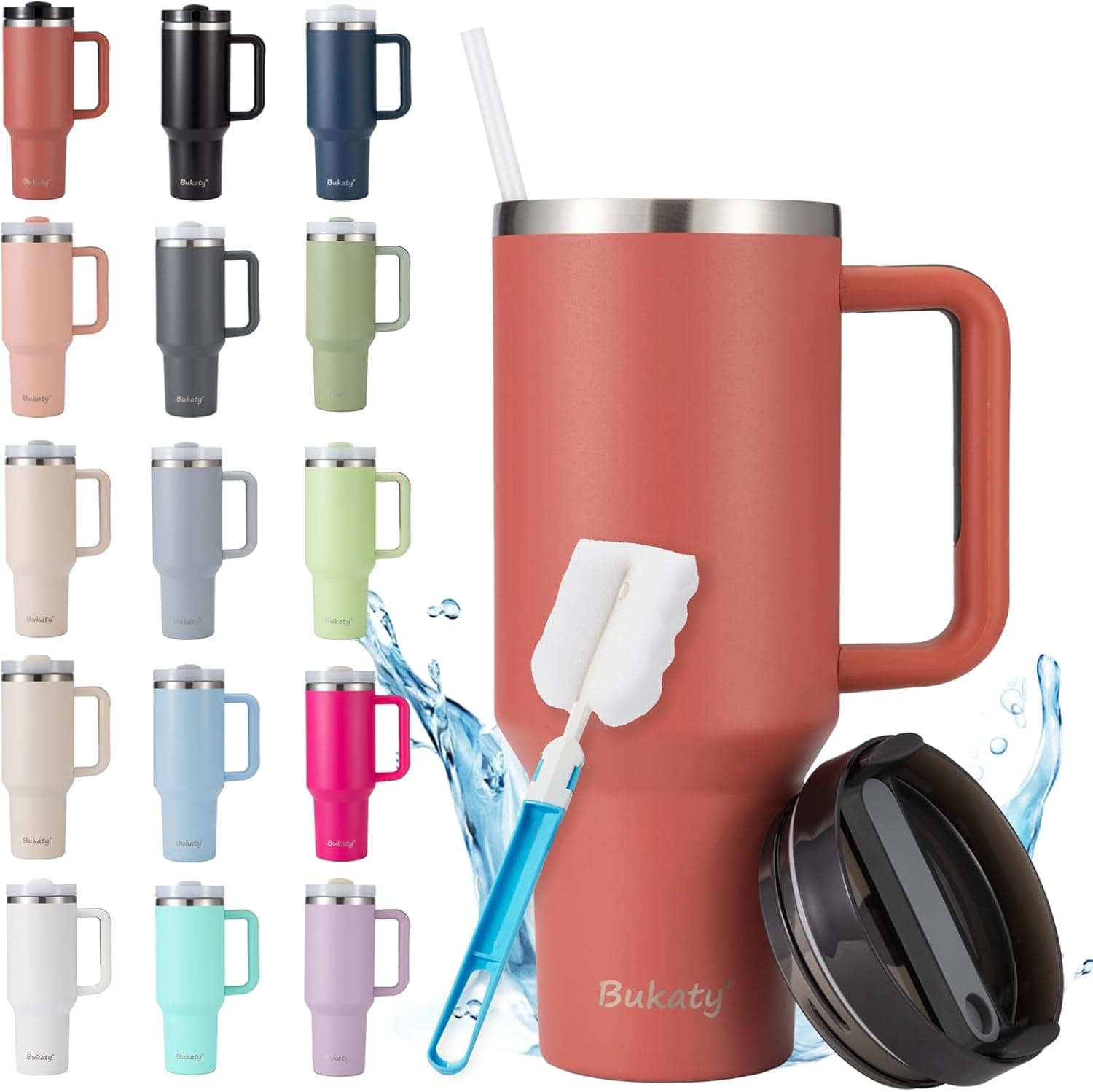 Bukaty | Caneca térmica em aço inoxidável 1180 ml com pega, tampa e palhinha para bebidas quentes e frias