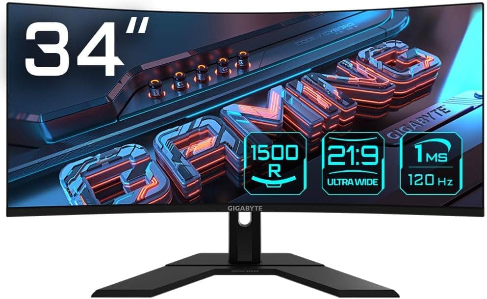 GIGABYTE GS34WQC WQHD Monitor Curvo Gaming - 34 Polegadas, VA, 1500R, 120 Hz, 1 ms, AMD FreeSync Premium, HDR Ready