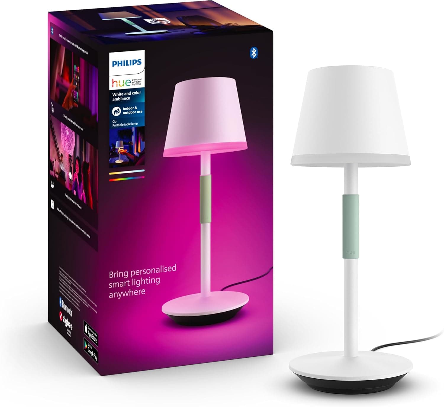 Philips Hue - Candeeiro de mesa inteligente Hue Go portátil, luz branca e colorida, portátil, recarregável, adequado para interior e exterior (IP20/54), compatível com Alexa e Google Home, branco
