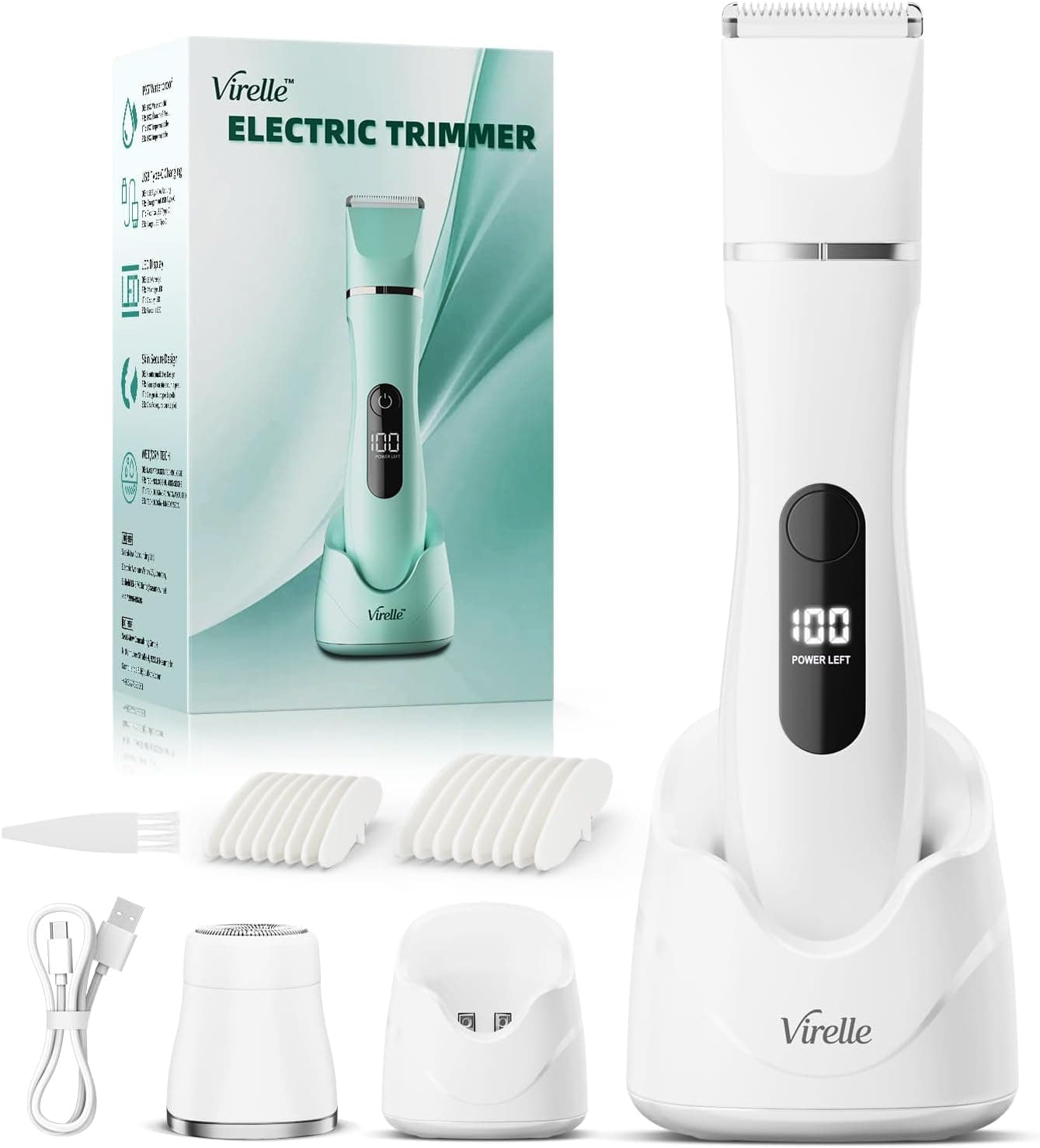 Virelle | Máquina de depilação elétrica feminina à prova de água com 4 pentes de precisão e ecrã LED