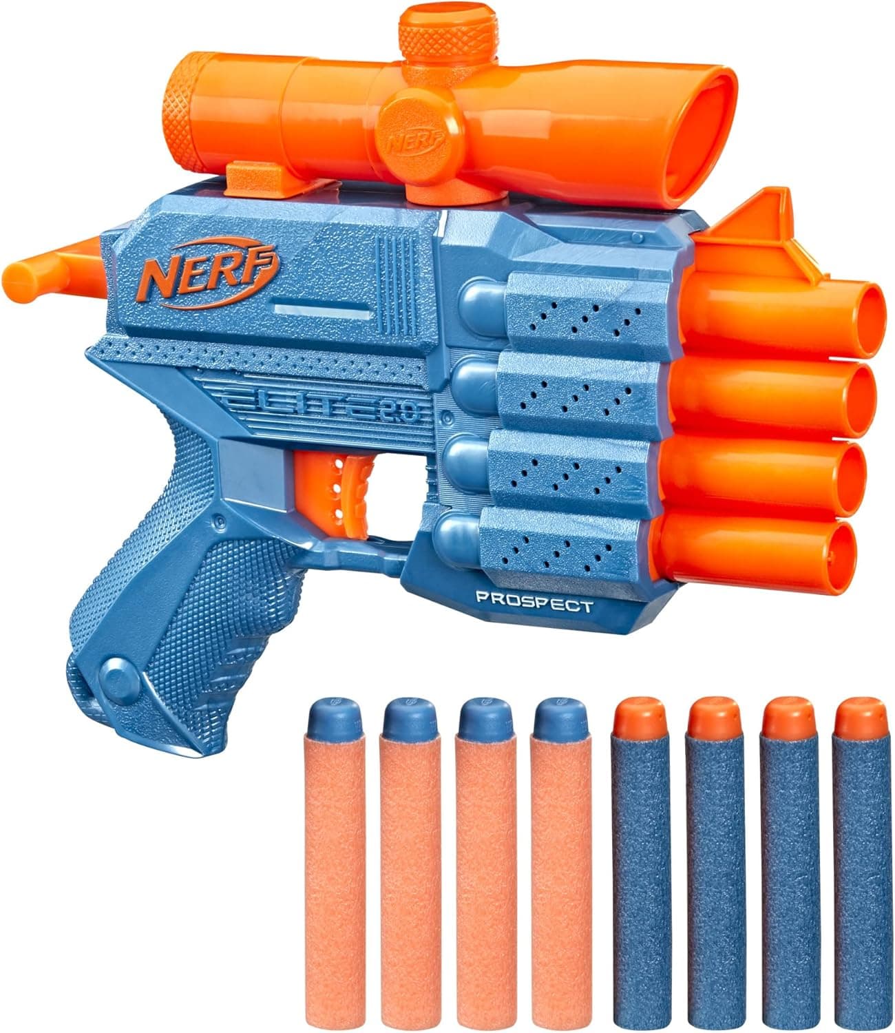 Lançador Nerf Elite 2.0 Prospect QS-4-8 dardos Nerf Elite oficiais - visual telescópico fixo - lança 4 dardos