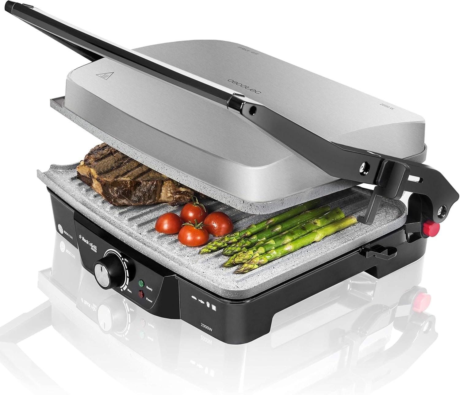 Cecotec Rock'nGrill, Grelha elétrica com revestimento de pedra RockStone, removível e adequado para máquina de lavar louça, abertura de 180 º e placa superior flutuante
