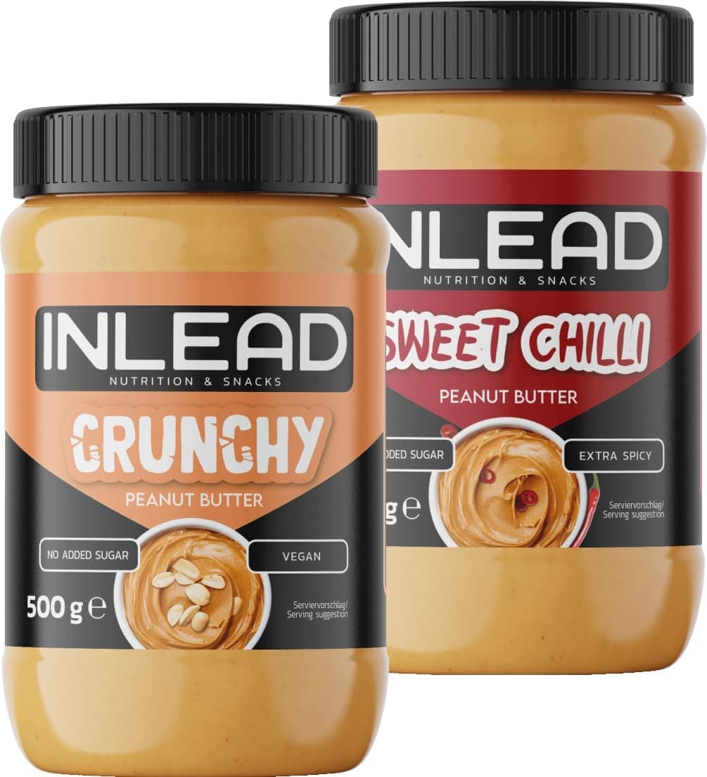 INLEAD - Peanut Butter | Manteiga de amendoim cremosa e sem açúcar, sem óleo de palma | rica em proteínas | Aperitivo ideal para picar entre horas - 2 x 500 g (MIX - Crunchy Sweet Chili)