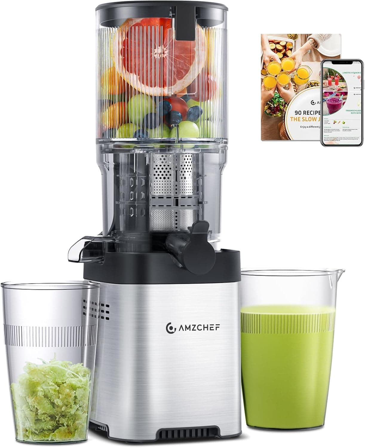 AMZCHEF Extrator de sumos e legumes, liquidificador de 126 mm para frutas e legumes inteiros, extrator de aço inoxidável, fácil de limpar, sem fim grande, filtro duplo