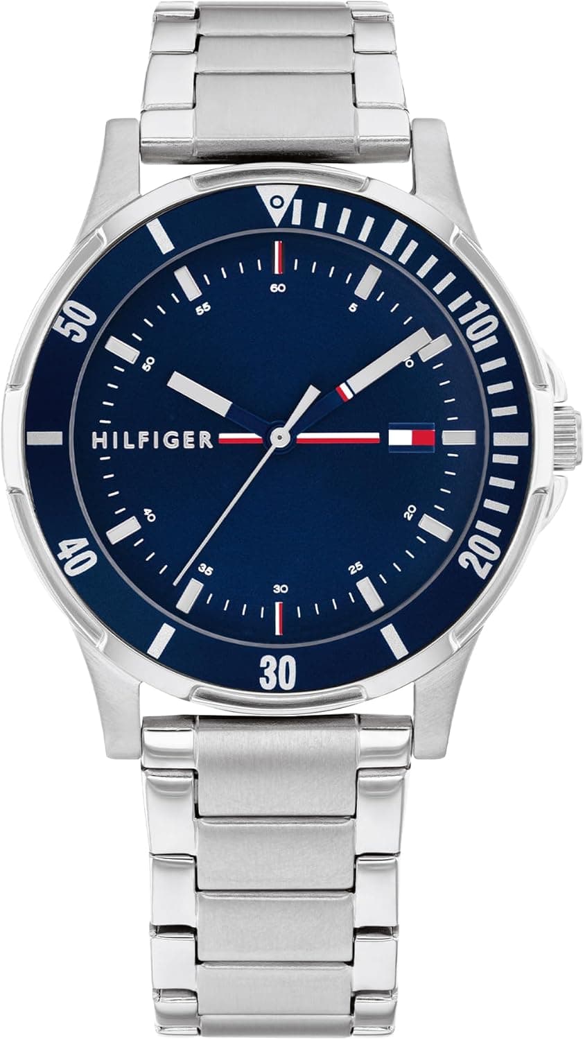 Tommy Hilfiger Relógio infantil mostrador azul, pulseira de aço inoxidável, caixa de 34 mm, moldura de alumínio, quartzo, 5 ATM, azul, pulseira