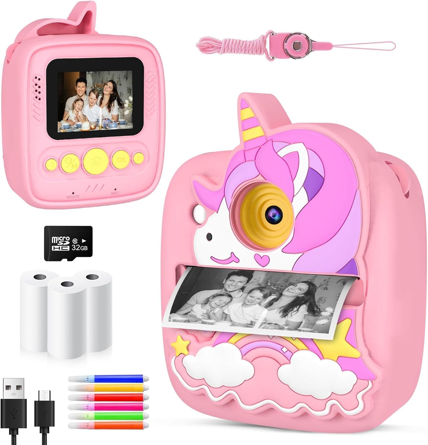 CHRERNA Câmara instantânea para crianças 3-12 anos com impressora e jogos educativos, 48MP HD/1080P, com papel de impressão e cartão de 32GB
