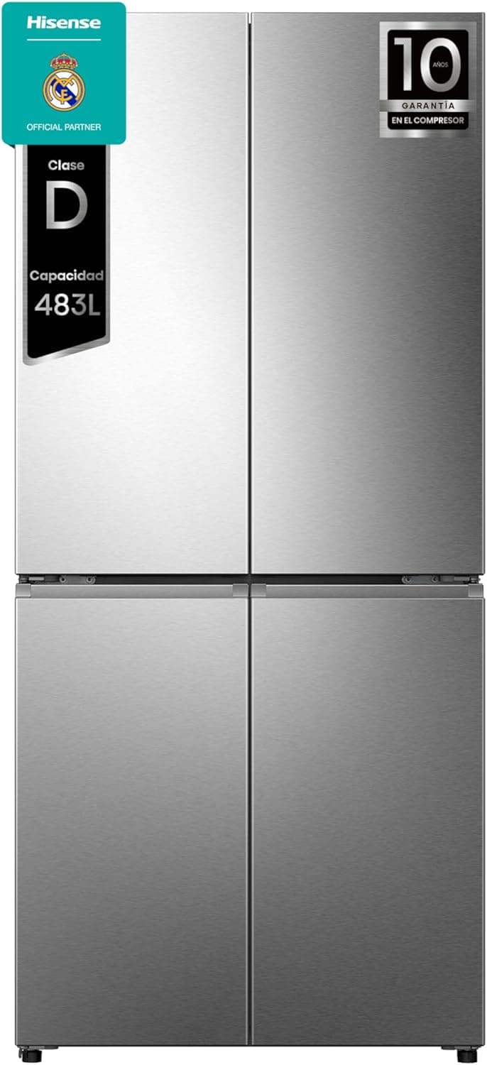 Hisense RQ5P470SAID Frigorífico americano de 4 portas, classe D eficiente, capacidade 483 l, conectividade WiFi, My Fresh Choice, revestimento de metal, dupla tecnologia cooling, multi-Air Flow, Inox