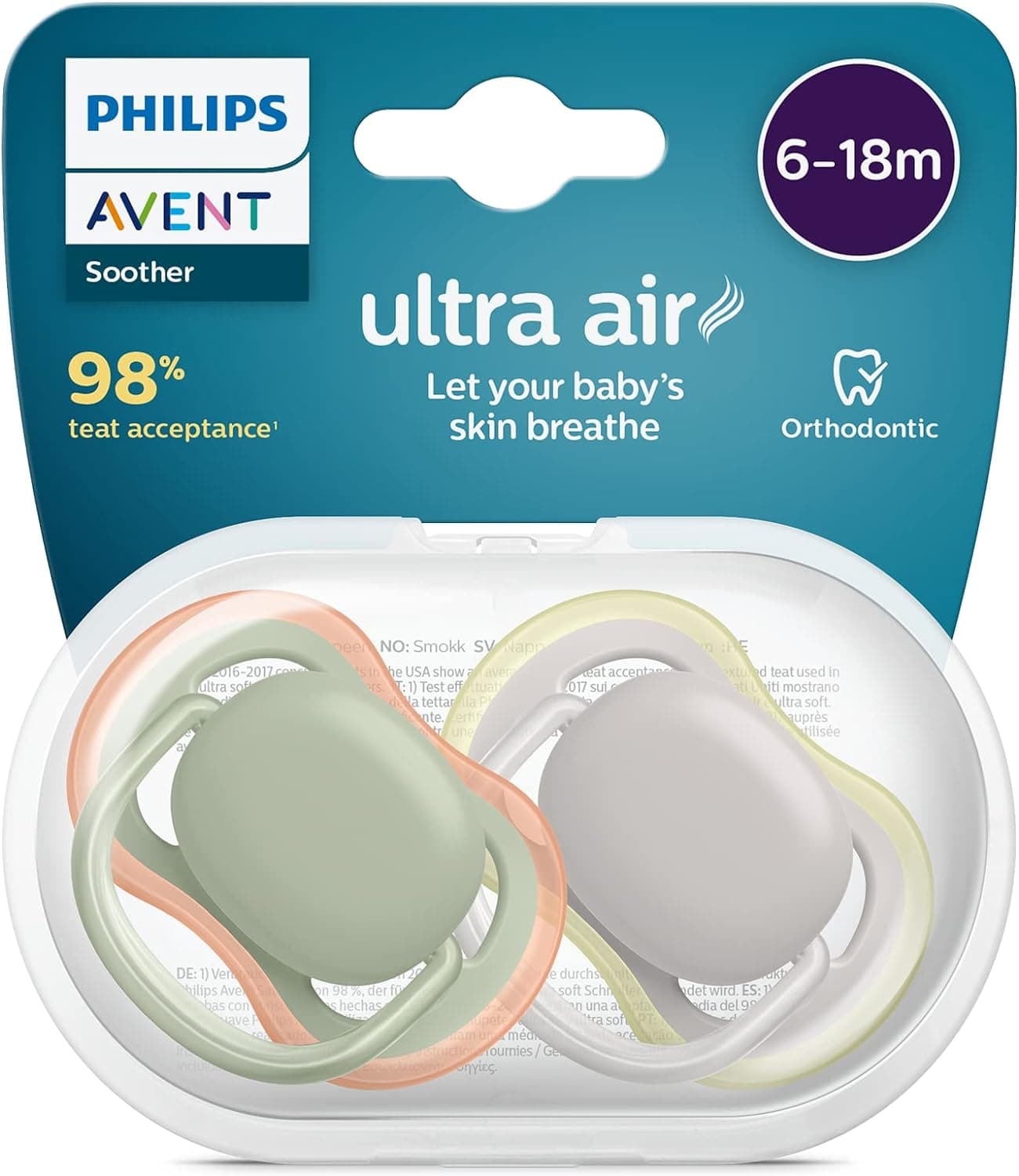 Philips Avent SCF085/20 Philips Avent ultra air, Chupeta sem BPA para bebés, caqui/laranja e cinzento/amarelo, 6-18 meses (embalagem de 2)