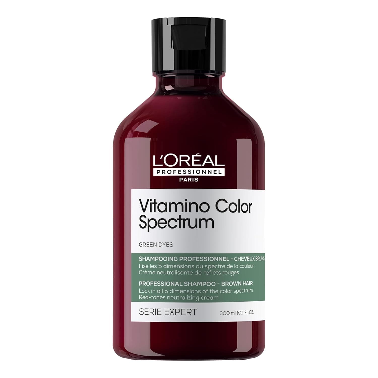 L'Oréal Professionnel, Champô matador de tons vermelhos, cabelo castanho-escuro ou preto, textura cremosa com pigmentos verdes, neutraliza reflexos, vitamino cor spectrum, série especialista, 300 ml