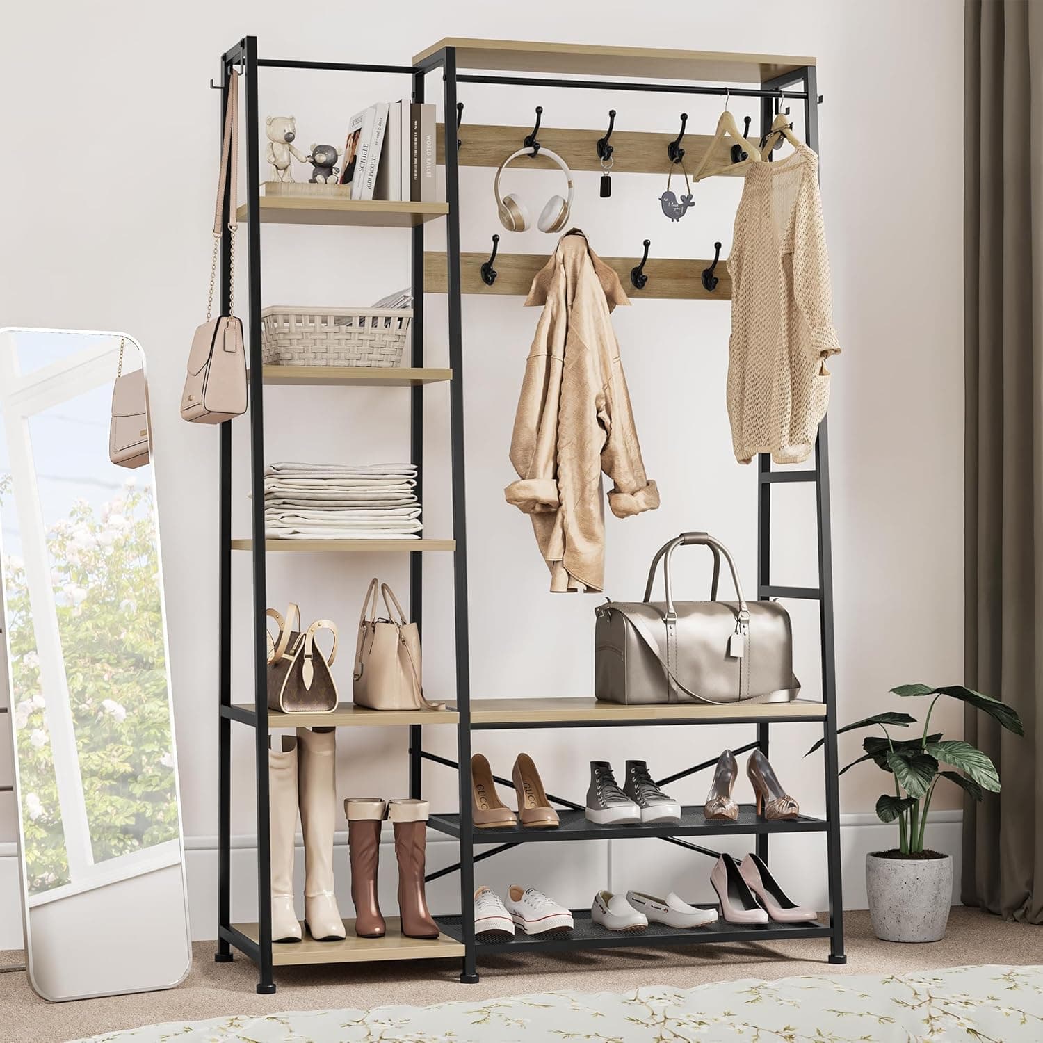 YITAHOME Cabide com armazenamento de sapatos, árvore de corredor independente com banco cabide industrial com 5 prateleiras barra para roupa para quarto sala de estar corredor entrada, carvalho