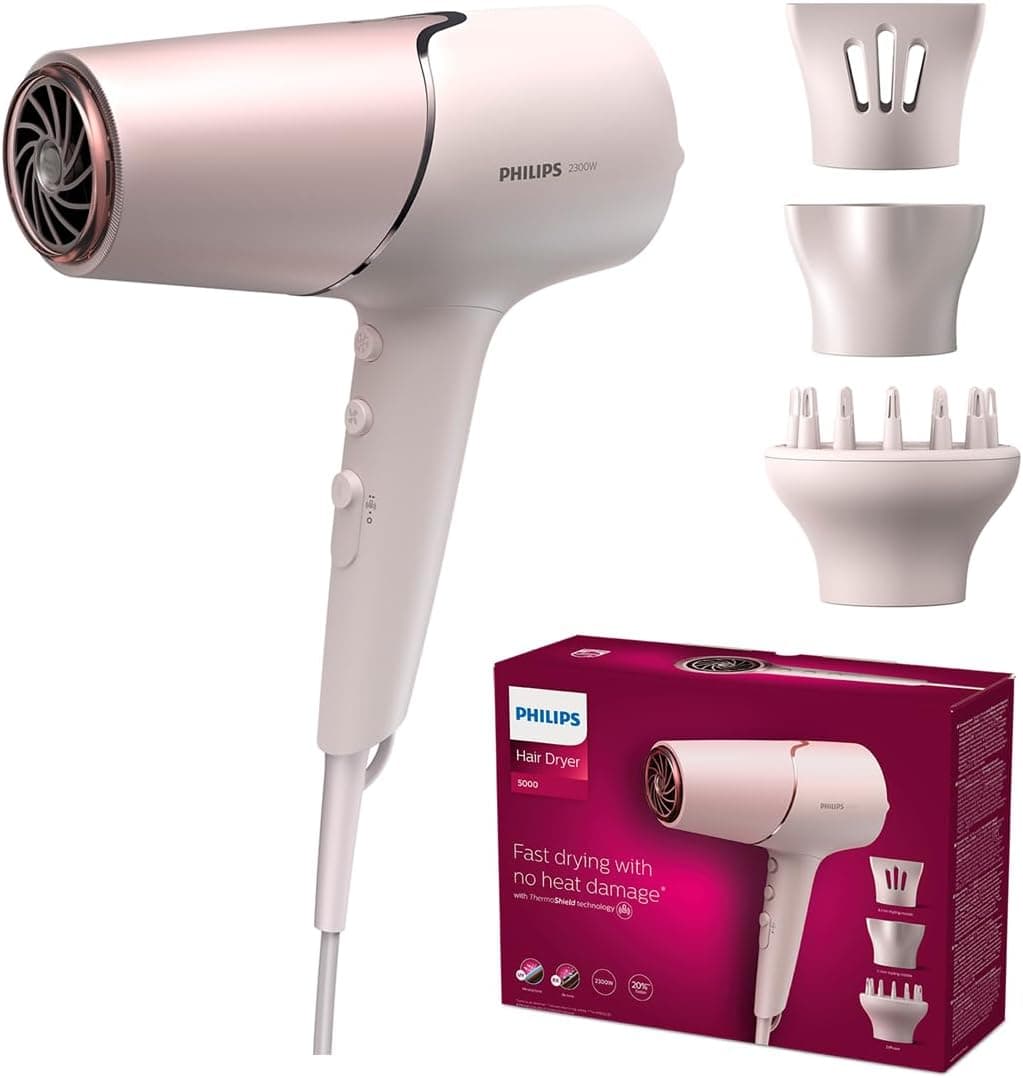 Philips Secador de cabelo série 5000, 2300 w, com tecnologia ThermoShield, ultra-estreito, estreito e disfusor, BHD530/20, branco/rosa